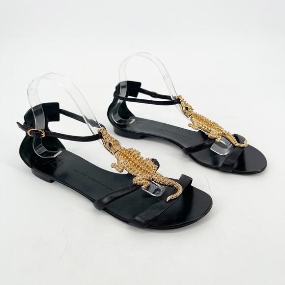 Giuseppe Zanotti Black Leather Gold Crocodile Embellished Flat Sandals IT 40 - Picture 1 of 11